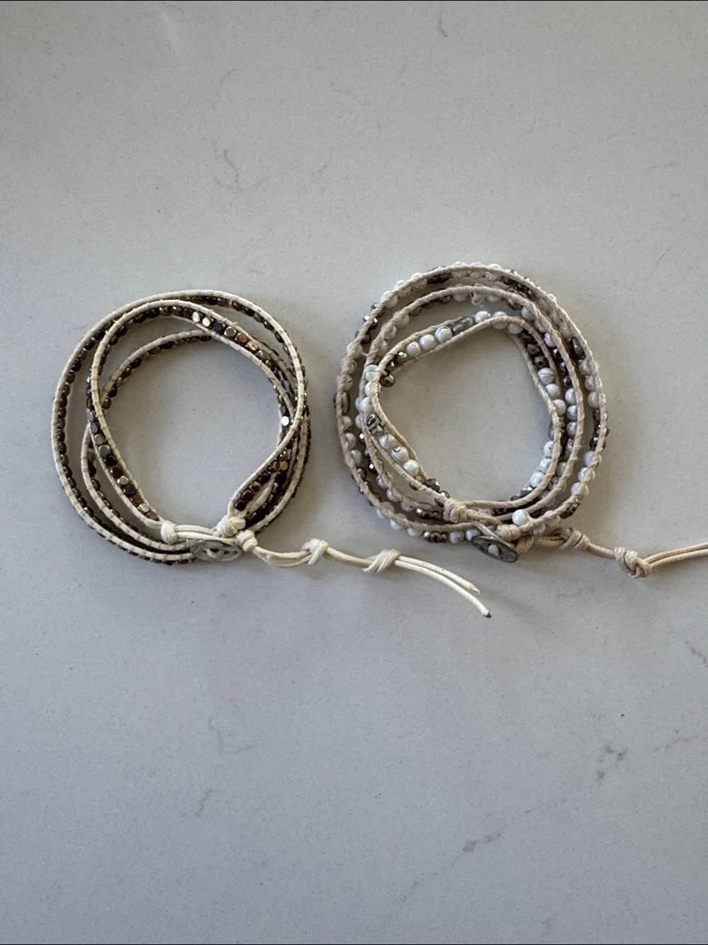 Handmade Beaded Wrap Bracelet in Cream and Brown Set of 2.  New